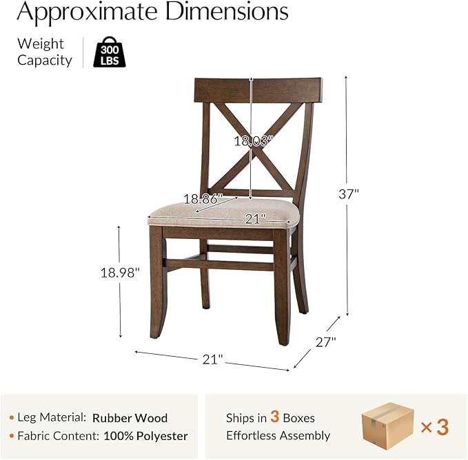 HULALA HOME Solid Wood Dining Chairs Set of 6, Walnut Farmhouse Upholstered Kitchen Dining Room Chair Mid-Century Modern Dinner Chair with Cross Back Wooden Legs for Living Room, Restaurat, Cafe