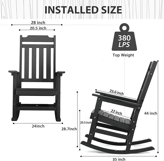 hOmeQomi Rocking Chair, All Weather Resistant Poly Lumber Outdoor Porch Rocker, Rocking Chairs for Outdoor, Indoor, Patio, Deck, Garden, Backyard, Load Bearing 380 lbs - Black