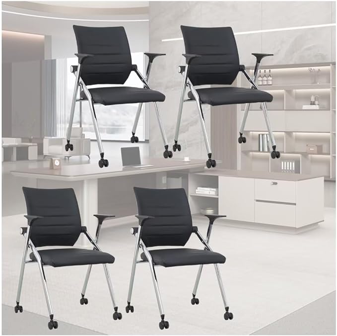 Student chairs with Wheels,Comfy chairs for classroom middle school,Padded Folding Office Chair with Wheels,School Conference chair,Black(4 Pcs)
