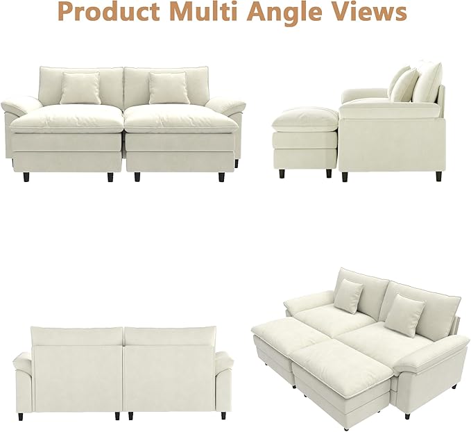 Aoowow Modular Sectional Sofa Modern Convertible Loveseat Couch,85 Inch Deep 2-Seater Sofas Comfy Chenille Cloud Sofas and Couches Set with 2 Movable Ottoman for Living Room Apartment(Beige)