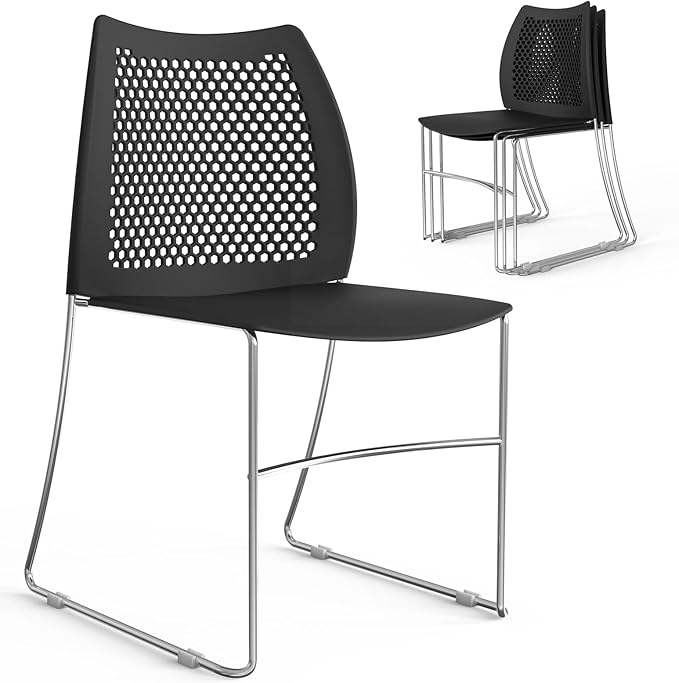 VINGLI Stacking Chairs Set of 4 Stackable Office Chairs with Metal Sled Base, Ergonomic Plastic Seat & Holes Back, Stacking Chairs for Waiting Room Break Room Banquet Guest, Black