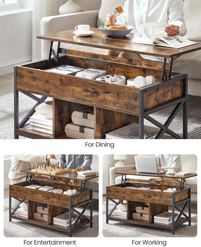 VASAGLE Lift Top Coffee Table, Lift Coffee Table with Storage Shelf, Hidden Compartments and Lifting Top, for Living Room, Office, 19.7 x 39.4 x (19.3-24.4) Inches, Rustic Brown and Black ULCT202B01