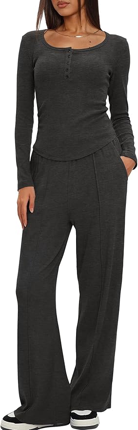 Darong Womens 2 Piece Matching Lounge Sets 2026 Long Sleeve Henley Shirts Wide Leg Pants Airport Travel Outfits