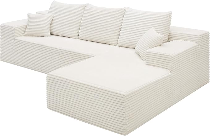 HYJT-H&K Modular Sectional Sofa Cloud Sectional Couch, 107" Comfy Fluffy L Shaped White Couches for Living Room Deep Seat Memory Foam Plush Corduroy Boneless Couch Sectionals Right Facing Chaise Sofa