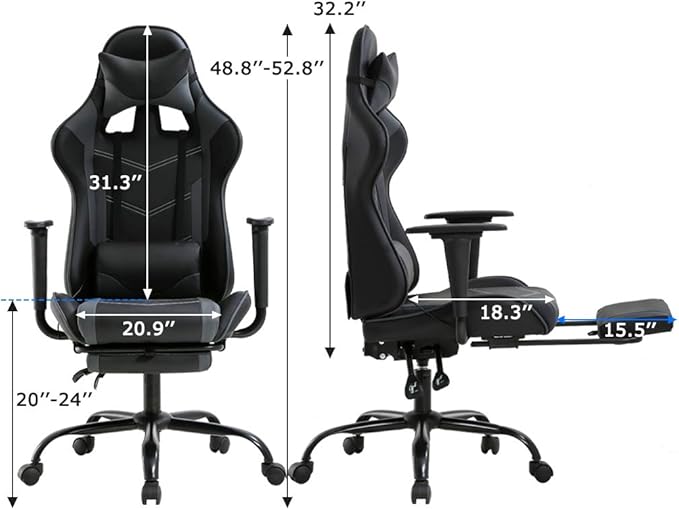 BestOffice | Ergonomic Gaming Chair | Grey | Reclining Computer Chair with Lumbar Support, Headrest Pillow, Adjustable Footrests | 360 Swivel with Heavy Duty Wheels | for Home & Office
