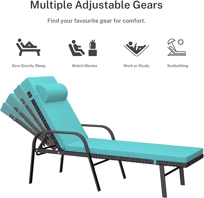Trumbeak Patio Chaise Lounge Set 3 Pieces Pool Lounge Chairs,Cushioned Outdoor Folding Lounge Chair w/Arm and Rattan Adjustable Backrest for Poolside Porch,Folding Table Included,Turquoise Blue