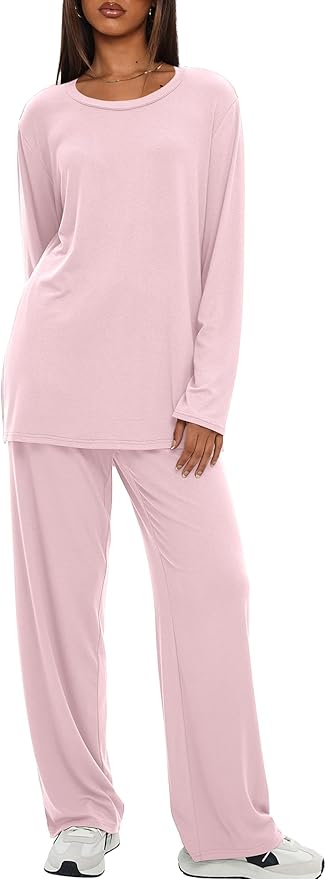 Darong Women's 2 Piece Lounge Set Casual Long Sleeve Crew Neck Tops Wide Leg Pants Travel Airport Outfit Matching Sets