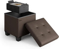 Storage Ottoman Cube with Small Bin, 16-in Square Ottoman with Storage for Living Room and Bedroom, Small Ottomans Foot Rest, Faux Leather Foot Stools Ottomans Max 330lbs, Brown