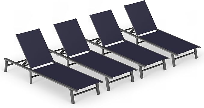 Ciokea Aluminum Outdoor Lounge Chair Set of 4- No Assembly Needed, Foldable Patio Chaise Lounge with 5 Adjustable Positions, Reinforced Frame for Extra Durability, Pool Beach Lounge Chair,Navy Blue