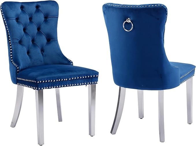 YeahFurn Mid Century Modern Dining Chairs Set of 2, Blue Velvet Upholstered Tufted Back, Kitchen & Dining Room Chairs, Brushed Silver Metal Legs, Nailhead Trim, Sillas para Comedor (Blue, 2 Pcs)