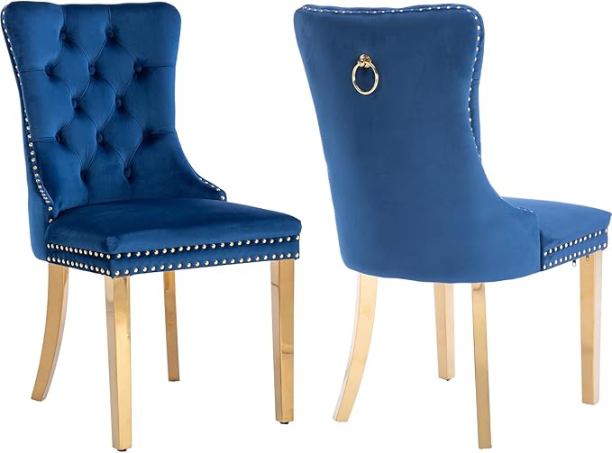 YeahFurn Mid Century Modern Dining Chairs Set of 2, Blue Velvet Upholstered Tufted Back, Kitchen & Dining Room Chairs, Gold Metal Legs, Nailhead Trim, Sillas para Comedor (Blue, 2 Pcs)