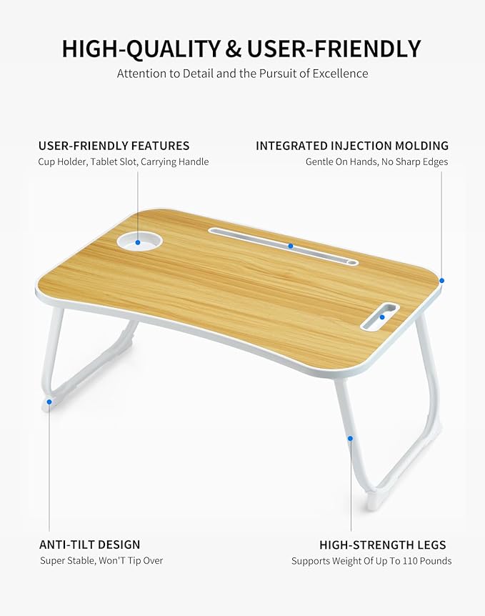 ZEAPTAC Laptop Bed Desk, Foldable Lap Desk, Portable Lap Table, Laptop Stand with Cup Holder & Tablet Slot & Lifting Handle for Working Writing Drawing & Eating - Wood