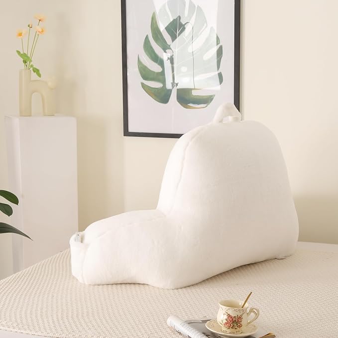 PAJEO Reading Pillow for Sitting in Bed, Large Backrest Reading Pillow with Arm Rest,Back-Rest Support Cushion for Sit Up on Couch, Sofa, and Floor, Dorm Essentials (White Faux Fur, Large(19"))