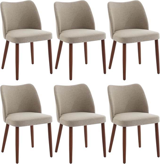 ElfinAura Dining Chair Set of 6, Linen Upholstered Dining Chair with Wood Legs, Wing Backrest, Wooden Kitchen Chair, Kitchen Chairs with Thick Cushions for Dining Room, Living Room, Khaki