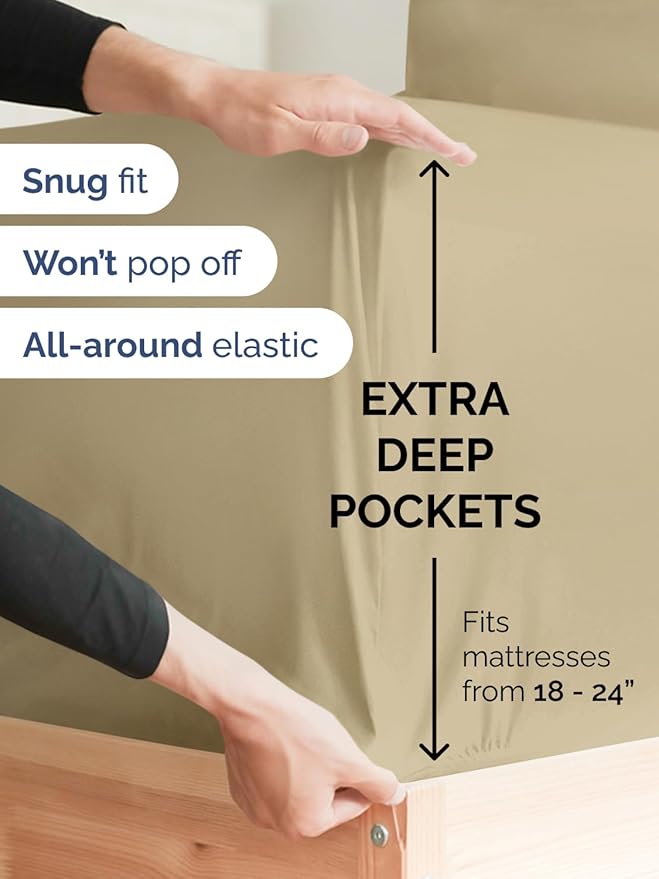 Extra Deep Pocket Split King Sheets - 5 Piece Breathable & Cooling Bed Sheets - Hotel Luxury Bed Sheet Set - Soft, Wrinkle Free & Comfy - Easily Fits Extra Deep Mattresses - Deep Pocket Beige Sheets