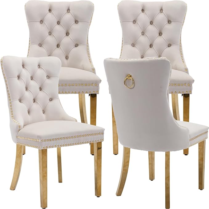 YeahFurn Mid Century Modern Dining Chairs Set of 4, Beige Velvet Upholstered Tufted Back, Kitchen & Dining Room Chairs, Gold Metal Legs, Nailhead Trim, Sillas para Comedor (Beige, 4 Pcs)