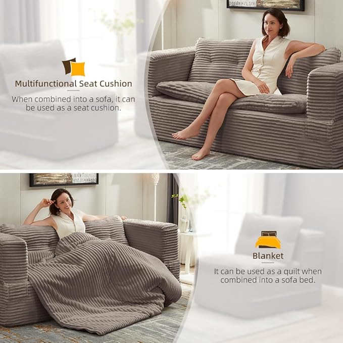 80" Foldable Floor Couch, 3-Seat Convertible Sleeper Sofa with Chaise Lounge, Blanket and 3 Soft Pillows, Corduroy Fabric, for Living Room, Bedroom, Apartment, No Assembly Required, Coffee