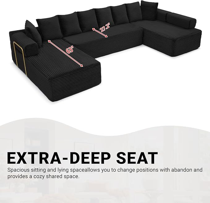 145" Oversized Cloud Boneless Sectional Sofa with Chaise, Corduroy U Shaped Modular Couch with Deep Seat, Fixed Frame Comfy Corner Sofa, No Assembly Required (Black)