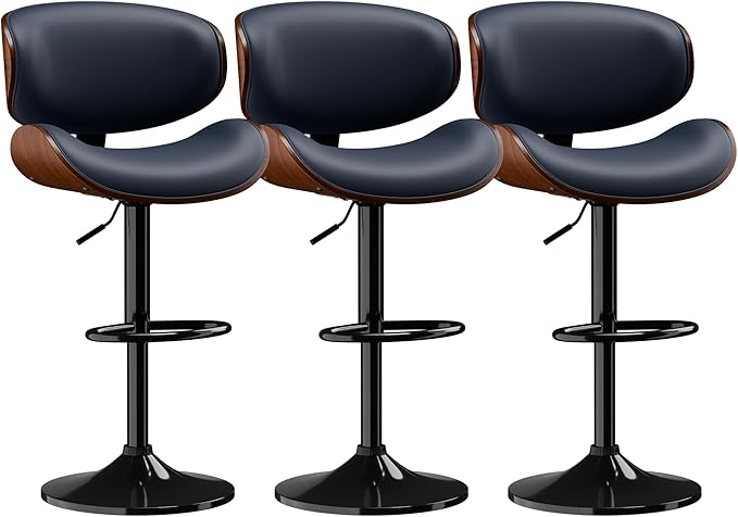 Aowos Bar Stools Set of 3, Adjustable Swivel PU Leather Bar Stools for Kitchen Island, Mid Century Modern Counter Height Barstools with Back & Footrest (Blue)