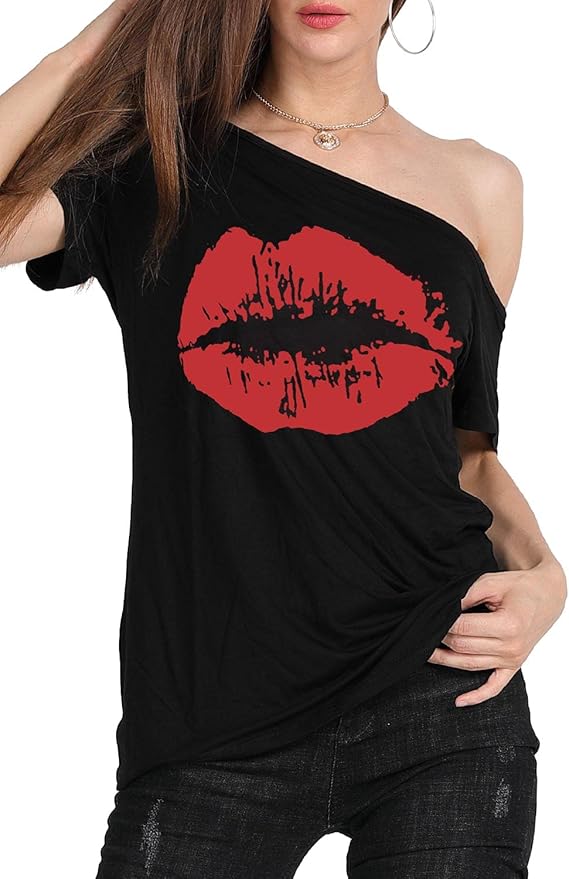 MAGICMK Women’s Short Lips Print Causal Off The Shoulder Plus Size T-Shirt Tops