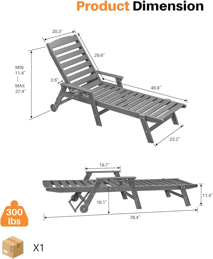 HDPE Patio Lounge Chair Set of 2, 78.4'' Outdoor Poly Lounge Chairs, 5-Position Adjustable Outdoor Lounger with Wheels & Cup Holder, HDPE Patio Chaise Lounges for Backyard, Deck, Smoke Gray