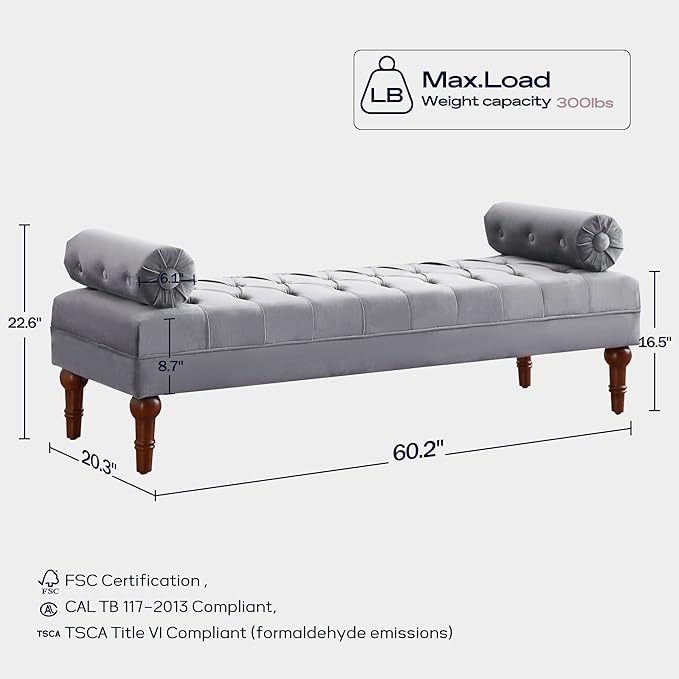 60.2" End of Bed Bench,Large Size Velvet Bench for Bedroom,Upholstered Window Bench with Button-Tufted,Entryway Bench,Storage Bench for Living Room(Gray)