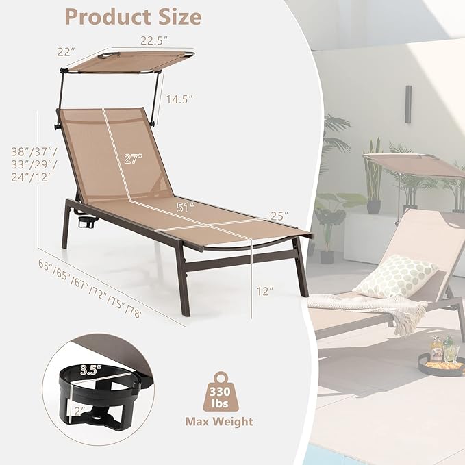 HAPPYGRILL Outdoor Chaise Lounge, 6-Position Recliner Lounger with Adjustable Sun Shade & Cup Holder, Adjustable Reclining Chair for Outside Beach Balcony Poolside