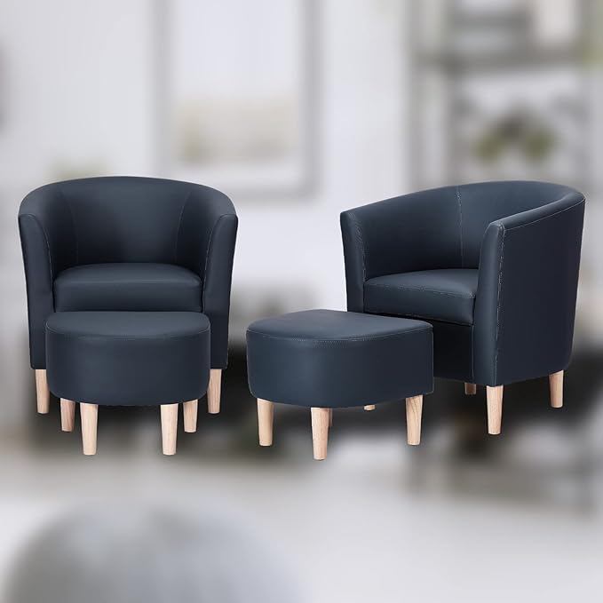 DAZONE Leather Chair, Accent Chair Mid Century Modern with Ottoman Faux Barrel Comfy Armchair Upholstered Club Tub Round Arms for Living Room Bedroom Reading Navy Blue Set of 1