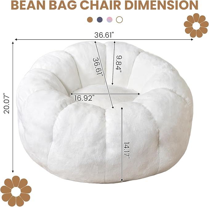 Bean Bag Chairs for Adults, Teens Beanbag Reading Chair with Petal Arm Rest, Comfy Faux Fur Fluffy Bean Bag for Youth Living Room, Bedroom, Dorm, Game - White, Large, Low Support