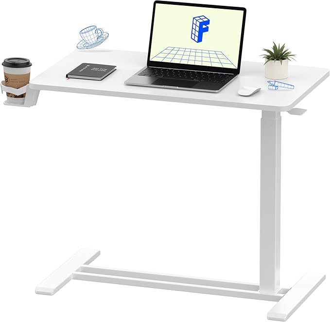 FLEXISPOT H7 Adjustable Overbed Bedside Table with Wheels Pneumatic Mobile Standing Laptop Desk Rolling Computer Cart Movable Overbed Table Hospital Home Use (31.5" W x 17.7" D, White Large)