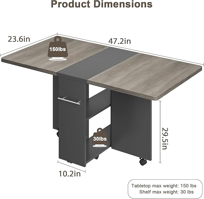 IDEALHOUSE Folding Dining Table, Drop Leaf Dining Table with 6 Wheels and 2-Layer Storage Shelf, Space Saving Kitchen Table for Small Spaces (Slate Oak, 47.2" D x 23.6" W x 29.5" H)