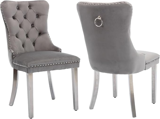 YeahFurn Mid Century Modern Dining Chairs Set of 2, Grey Velvet Upholstered Tufted Back, Kitchen & Dining Room Chairs, Brushed Silver Metal Legs, Nailhead Trim, Sillas para Comedor (Gray, 2 Pcs)