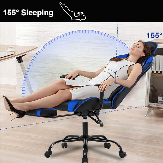 BestOffice | Ergonomic Gaming Chair | Blue | Reclining Computer Chair with Lumbar Support, Headrest Pillow, Adjustable Footrests | 360 Swivel with Heavy Duty Wheels | for Home & Office