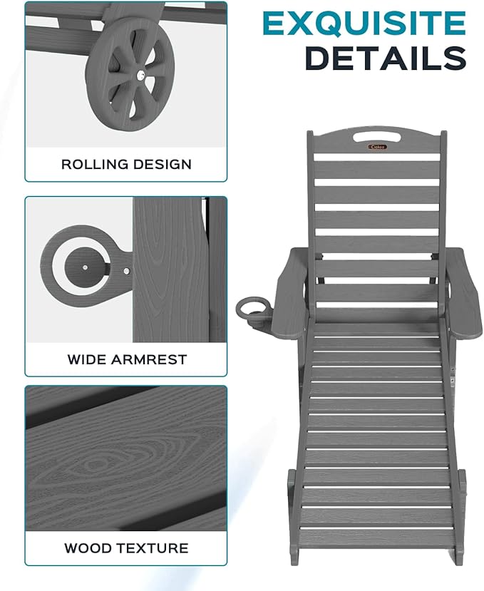 Ciokea Outdoor Lounge Chair Set of 2, HDPE Lounge Chairs with Rolling Wheels, Dark Grey