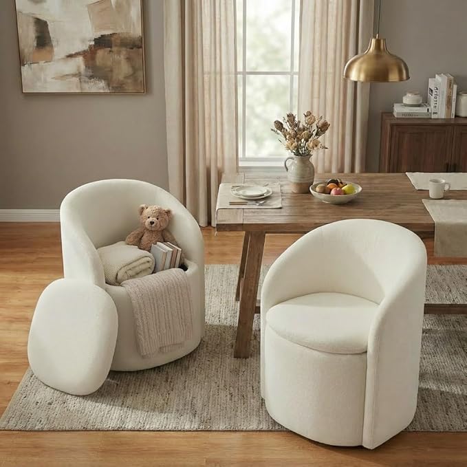 Upholstered Dining Chairs with Casters, Rolling Modern Dining Room Chairs with Hidden Storage & Barrel Backrest, Easy Assembly Accent Chair for Bedroom, Living Room, Dressing, Linen Fabric,4PCS