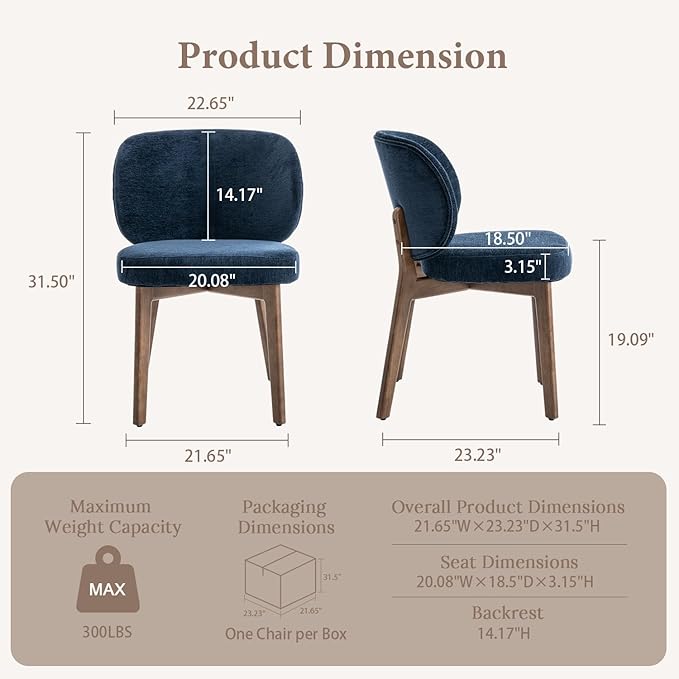YOUNUOKE Upholstered Dining Chairs Set of 4, Modern Chenille Fabric Dining Room Chair with Wood Legs, Widen Backrest Comfy Armless Side Kitchen Chairs, Blue