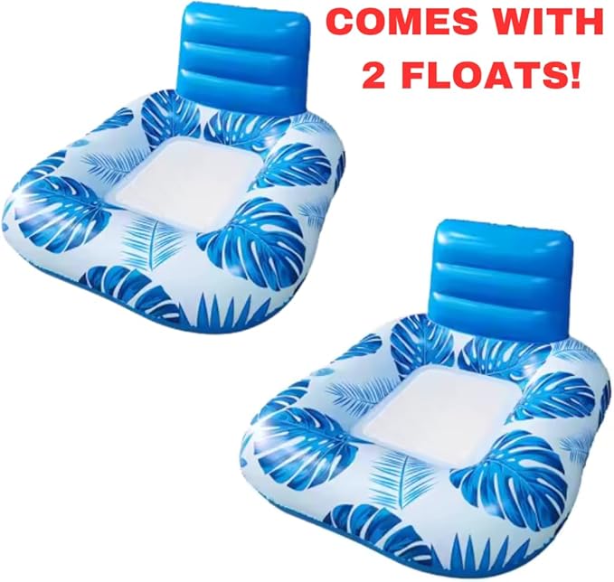 Pool Zing Square Inflatable Pool Lounger with Backrest (Two Pack), Tropical Palm Leaf Float for Adults, Relaxing Pool Raft with Cooling Mesh Seat