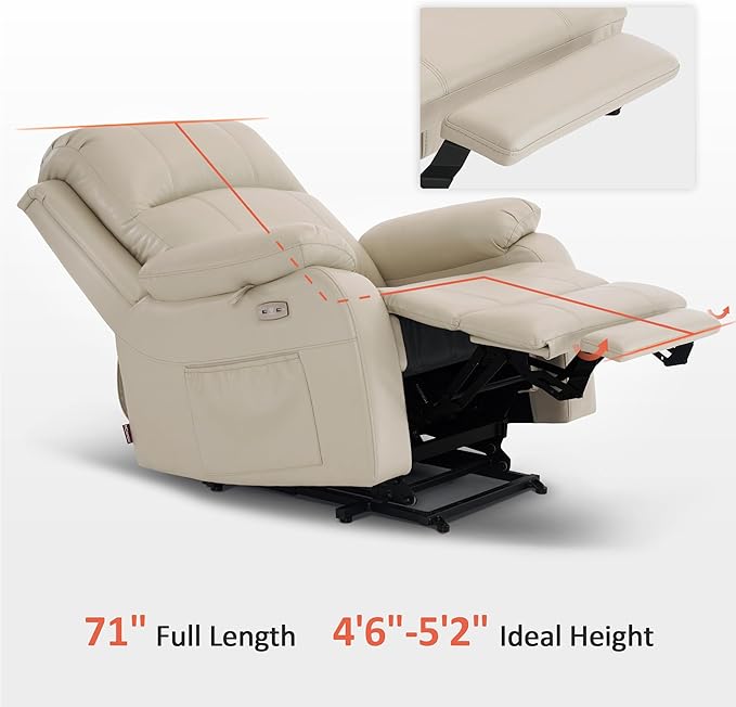 MCombo Small-Wide Power Lift Recliner Chair with Massage and Heat for Petite Elderly People, 3 Positions, 2 Side Pockets, USB Ports, Faux Leather R7410 (Beige, Small-Wide)