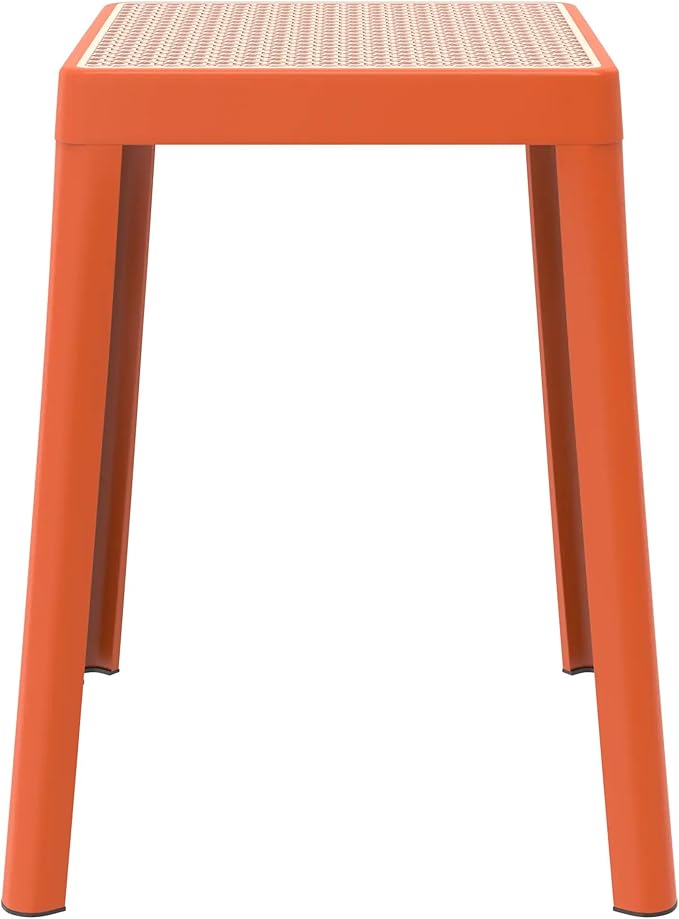 LeisureMod Tresse Mid-Century Modern Square Plastic Dining Stool Set of 2, Stackable Accent Stools with Breathable Seat, Lightweight Seating for Kitchen, Dining Room, Bedroom, or Entryway (Orange)
