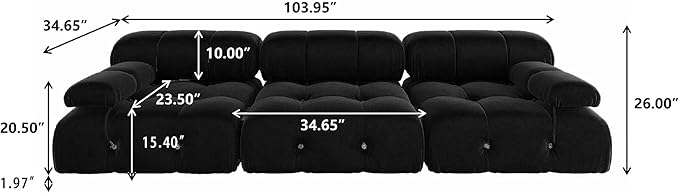 JACH Modular Sectional Couch, Modern Deep 3-Seat Couches, 104'' Minimalist Teddy Velvet Sectional Sofas, Convertible Sleeper Soft Sofa for Living Room Apartment (Black)