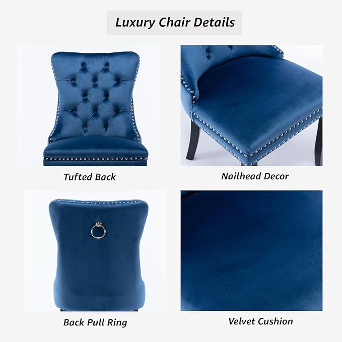 YeahFurn Blue Mid Century Modern Dining Chairs Set of 8, Velvet Upholstered Kitchen & Dining Room Chairs with Nailhead Trim & Solid Wood Legs, Elegant Sillas De Comedor (Blue, 8 Pcs)