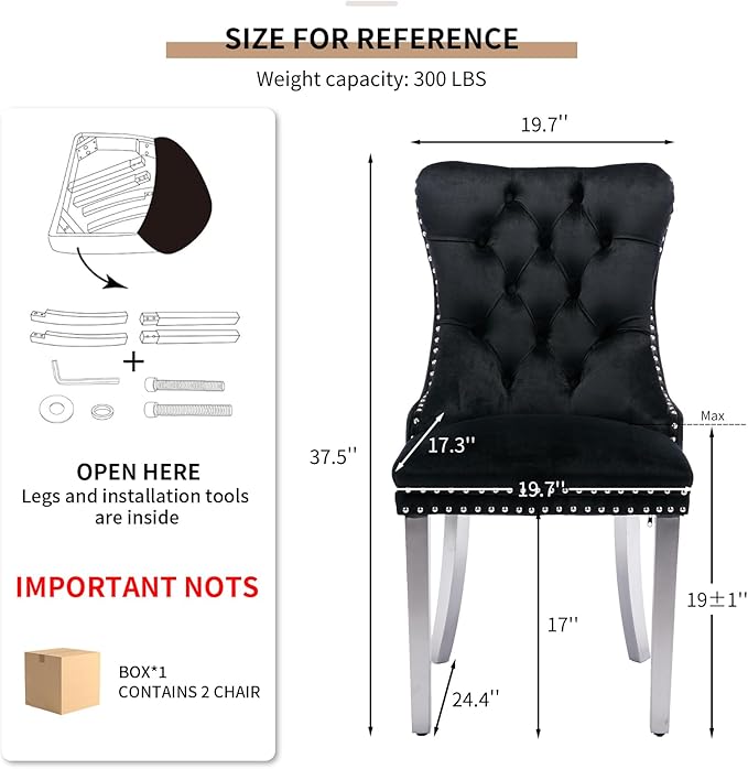 YeahFurn Mid Century Modern Dining Chairs Set of 2, Black Velvet Upholstered Tufted Back, Kitchen & Dining Room Chairs, Brushed Silver Metal Legs, Nailhead Trim, Sillas para Comedor (Black, 2 Pcs)