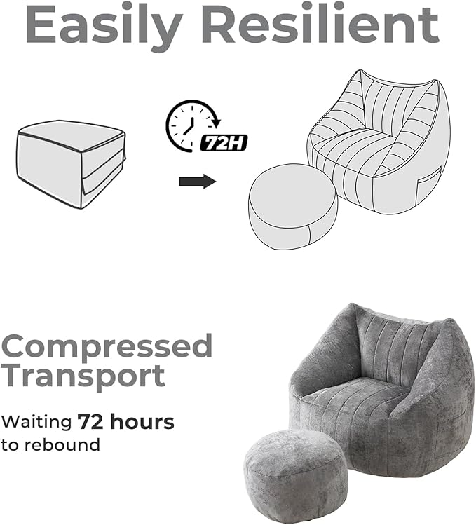 Giant Bean Bag Chair with Ottoman for Adults, Oversized Bean Bag with Filling Plush Fluffy,BeanBag Floor Sofa Chair with with Back Support for Living Room, Bedroom, Reading,Grey