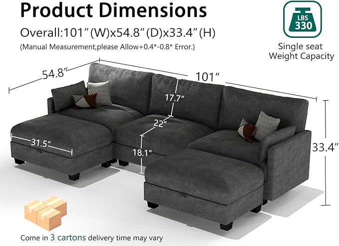 Modular Sectional U Shaped Sofa Couches for Living Room, Cloud Couch with Storage Ottoman, Comfy Chenille Sofa with Pillow, Dark Gray