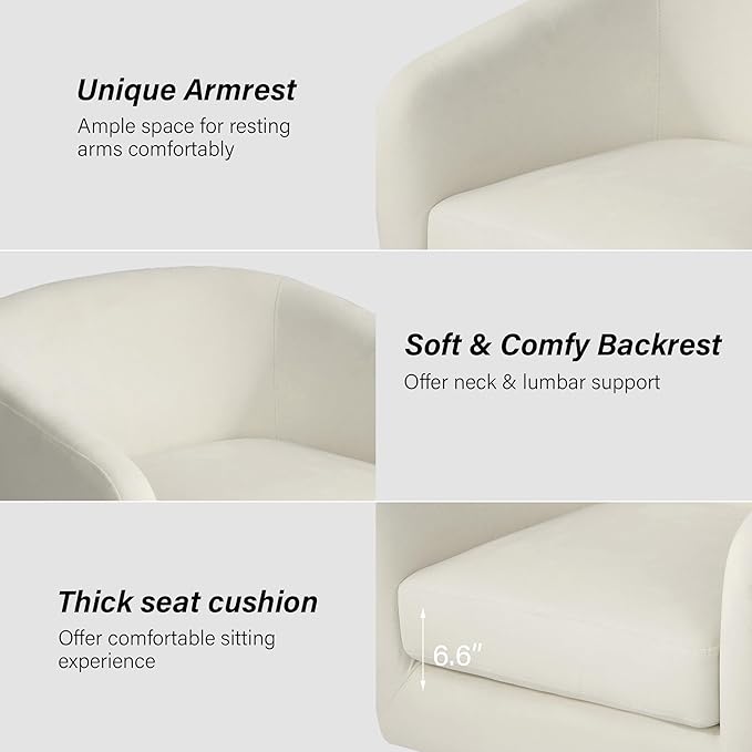Swivel Barrel Chair, Modern Round PU Leather Accent Armchair for Living Room, Bedroom, Oversized Comfy Club Reading Chairs for Adults (Velvet Ivory, Set of 1)