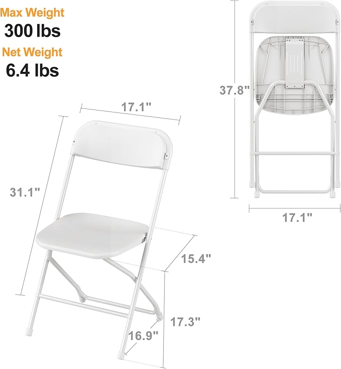 Allpop 5 Pack Plastic Folding Chair, 300lb Capacity, Portable Commercial Chair with Steel Frame for Home Office Wedding Party Indoor Outdoor Events, Stackable, White