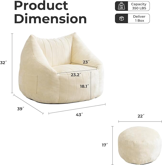 Giant Bean Bag Chair with Ottoman for Adults, Oversized Bean Bag with Filling Plush Fluffy,BeanBag Floor Sofa Chair with with Back Support for Living Room, Bedroom, Reading,Beige