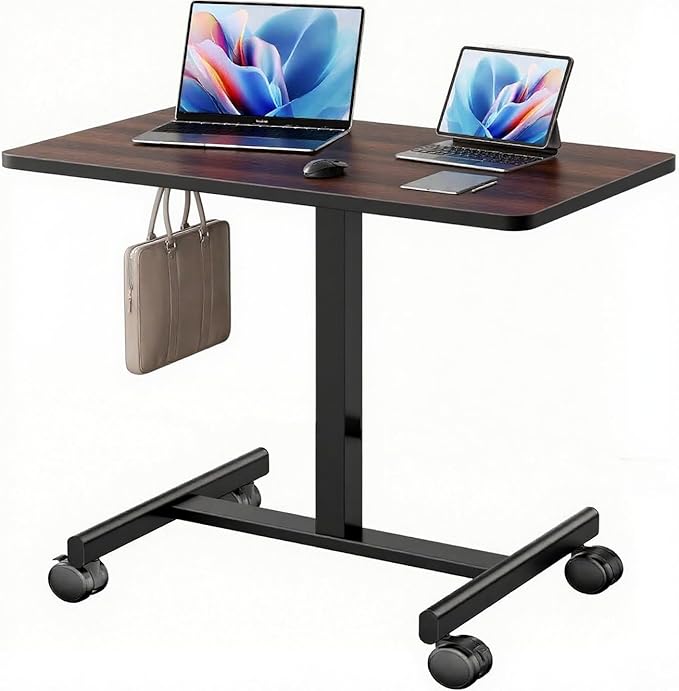 NICECOZY Mobile Standing Desk, Small Teacher Standing Rolling Desk, Portable Laptop Desk with Lockable Wheels, Computer Workstations, Adjustable Height, Dark Walnut