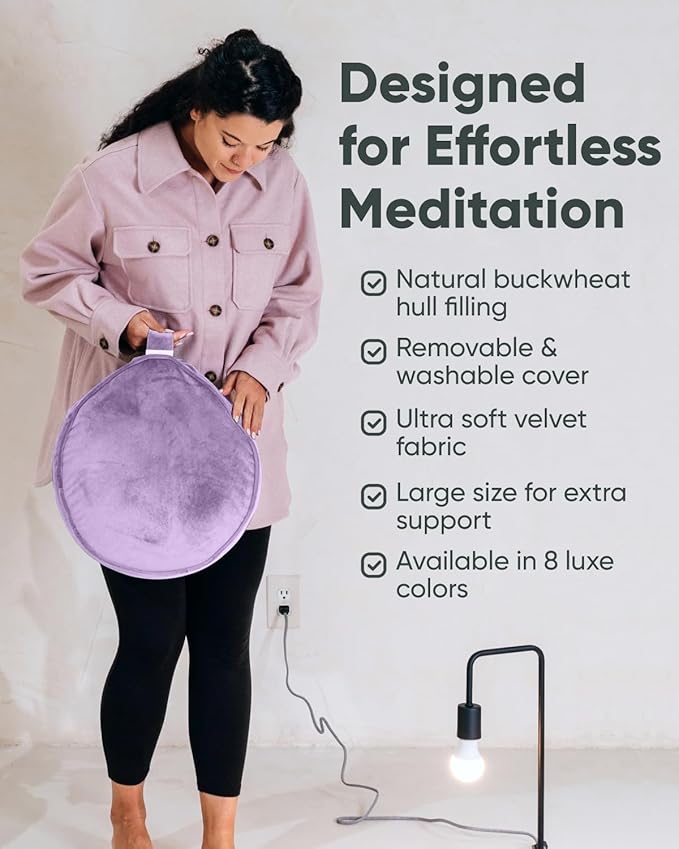 Mindful Modern Velvet Meditation Cushion | Luxe Zafu Yoga Floor Pillow Seat | Posture Support | Buckwheat Hull Filled | Large Round Cushion with Removable Washable Cover + Carry Handle