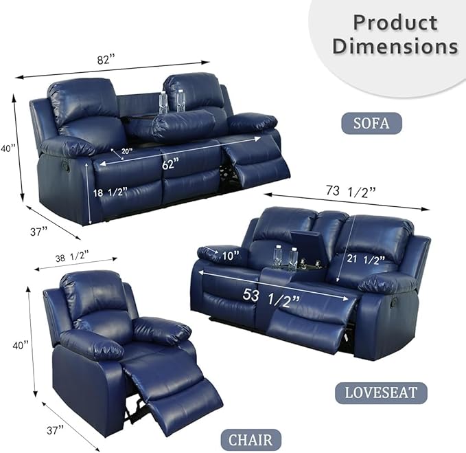 AYCP Bonded Leather Living Room Furniture Set Reclining Sofa Set Loveseat Furniture Sets in Living Room Sofa Recliners (Sofa, Blue)